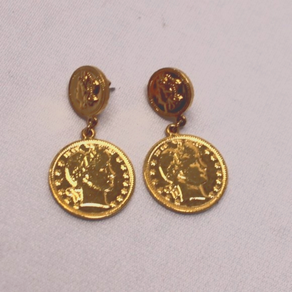 Coin Dangle Gold Tone Pierced Earrings
